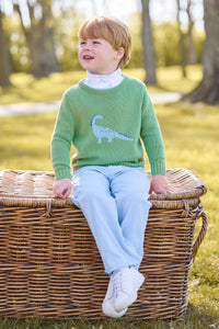 little english classic childrens clothing, intarsia sweater with blue dinosaur motif, printed turtleneck with dinosaur pattern, banded pant in light blue cirduroy, boys outfits for fall