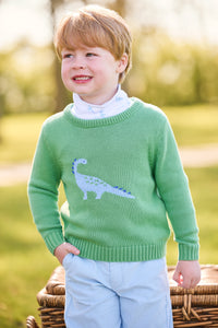 little english classic childrens clothing, intarsia sweater with blue dinosaur motif, printed turtleneck with dinosaur pattern, banded pant in light blue cirduroy, boys outfits for fall