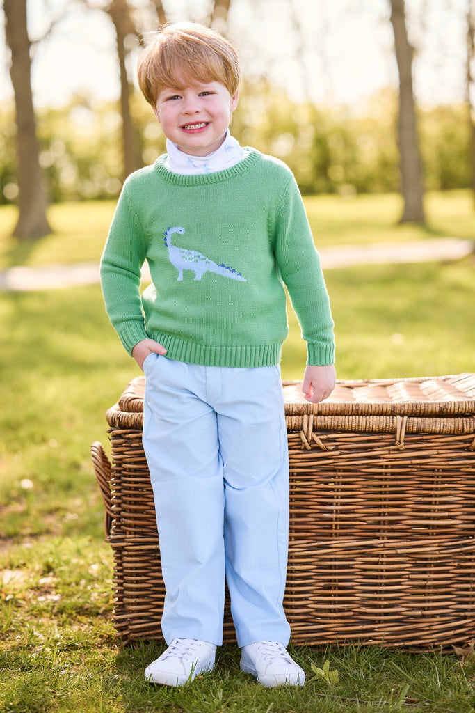 little english classic childrens clothing, intarsia sweater with blue dinosaur motif, printed turtleneck with dinosaur pattern, banded pant in light blue cirduroy, boys outfits for fall