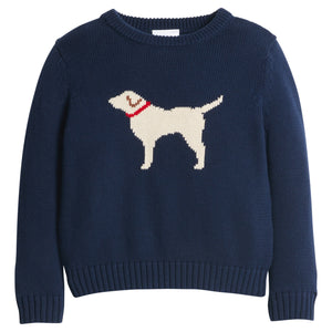 little english classic children's clothing boys navy sweater with cream lab motif for fall