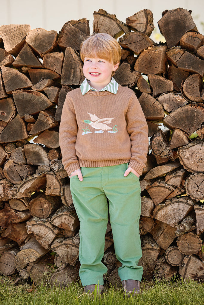 little english classic children's clothing boys chestnut brown sweater with flying mallard motif, Long sleeve polo in watercress green stripe, pull on pant in watercress green corduroy for fall