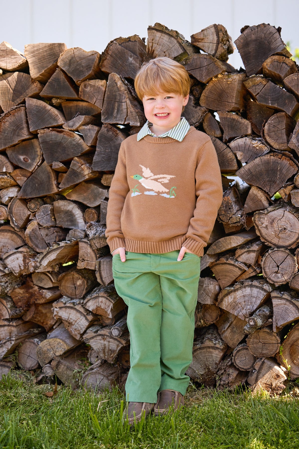 little english classic children's clothing boys chestnut brown sweater with flying mallard motif, Long sleeve polo in watercress green stripe, pull on pant in watercress green corduroy for fall