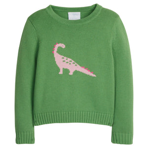 little english classic children's clothing green sweater with pink dinosaur motif for girls