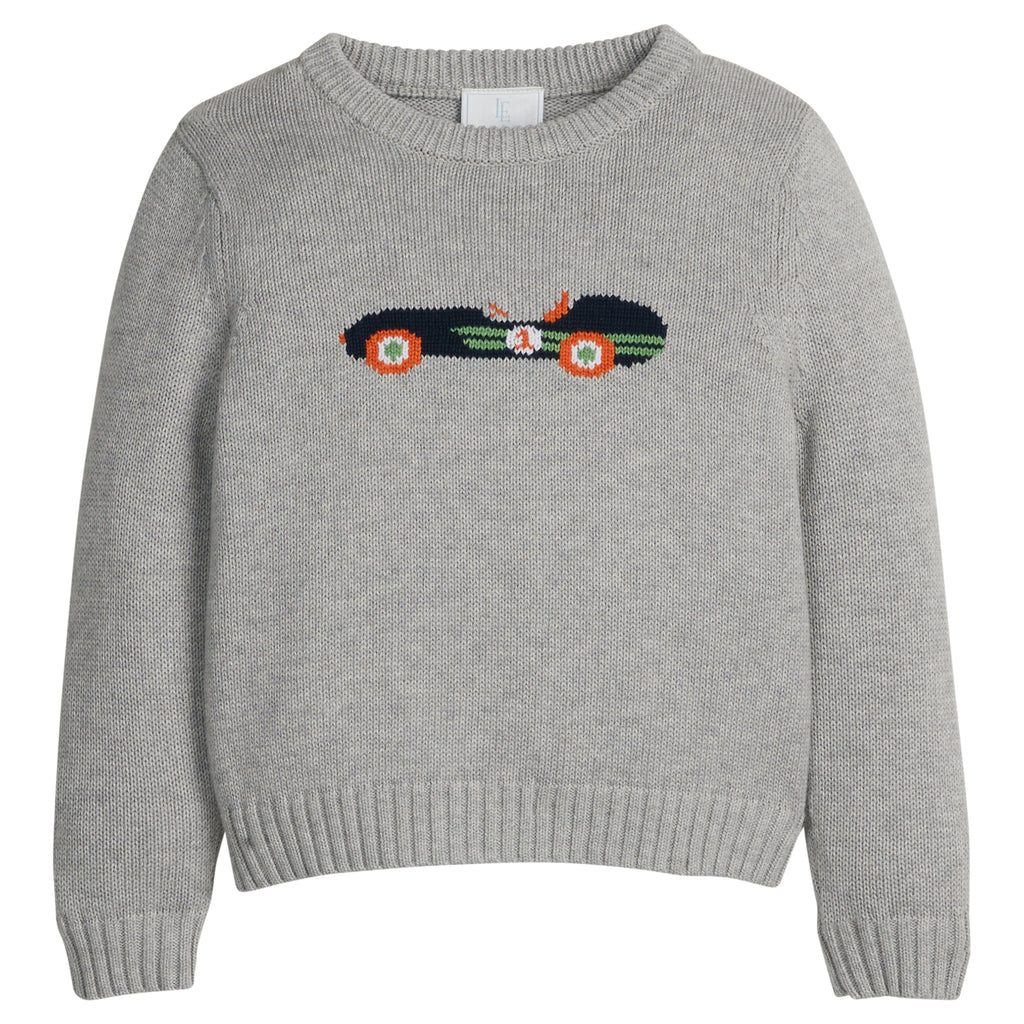 little english classic children's clothing gray sweater with vintage race car motif for boys for fall