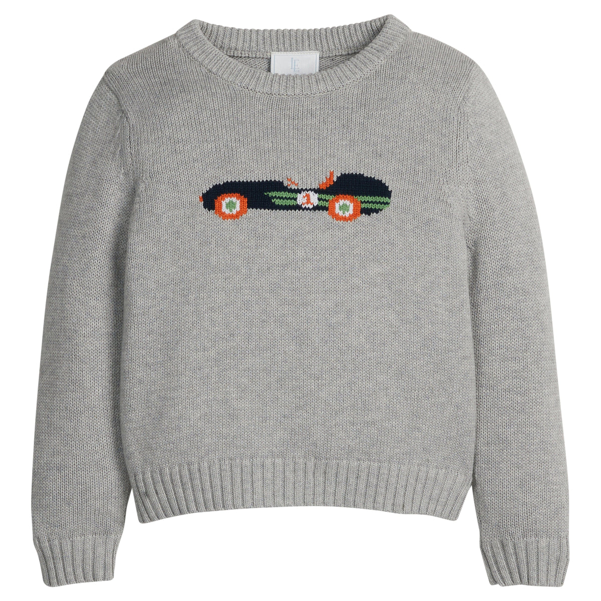 little english classic children's clothing gray sweater with vintage race car motif for boys for fall