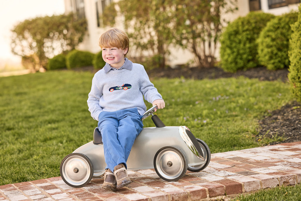 little english classic children's clothing gray sweater with vintage race car motif, long sleeve polo in navy stripe, pull on pant in stormy blue corduroy, boys outfit for fall