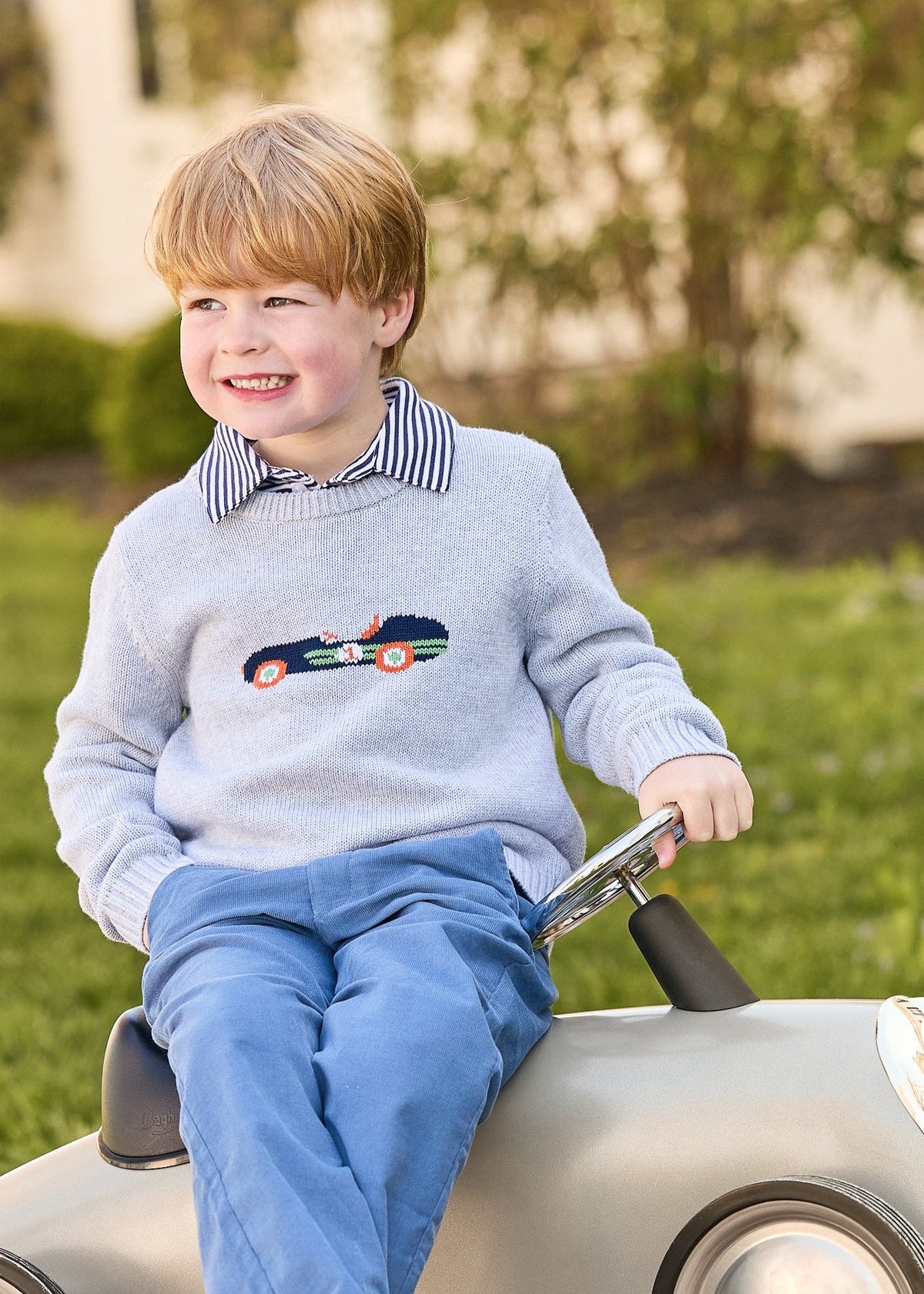 little english classic children's clothing gray sweater with vintage race car motif, long sleeve polo in navy stripe, pull on pant in stormy blue corduroy, boys outfit for fall