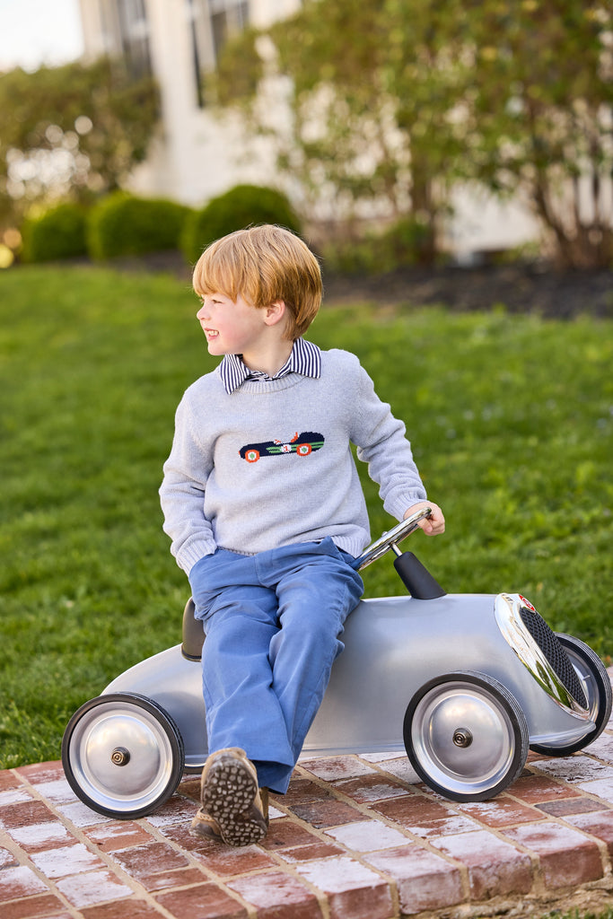 little english classic children's clothing gray sweater with vintage race car motif, long sleeve polo in navy stripe, pull on pant in stormy blue corduroy, boys outfit for fall