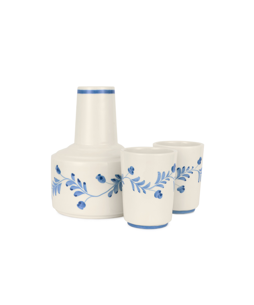 Rebecca Udall Iris Ceramic Carafe & Pair of Tumblers, Denim, White Background