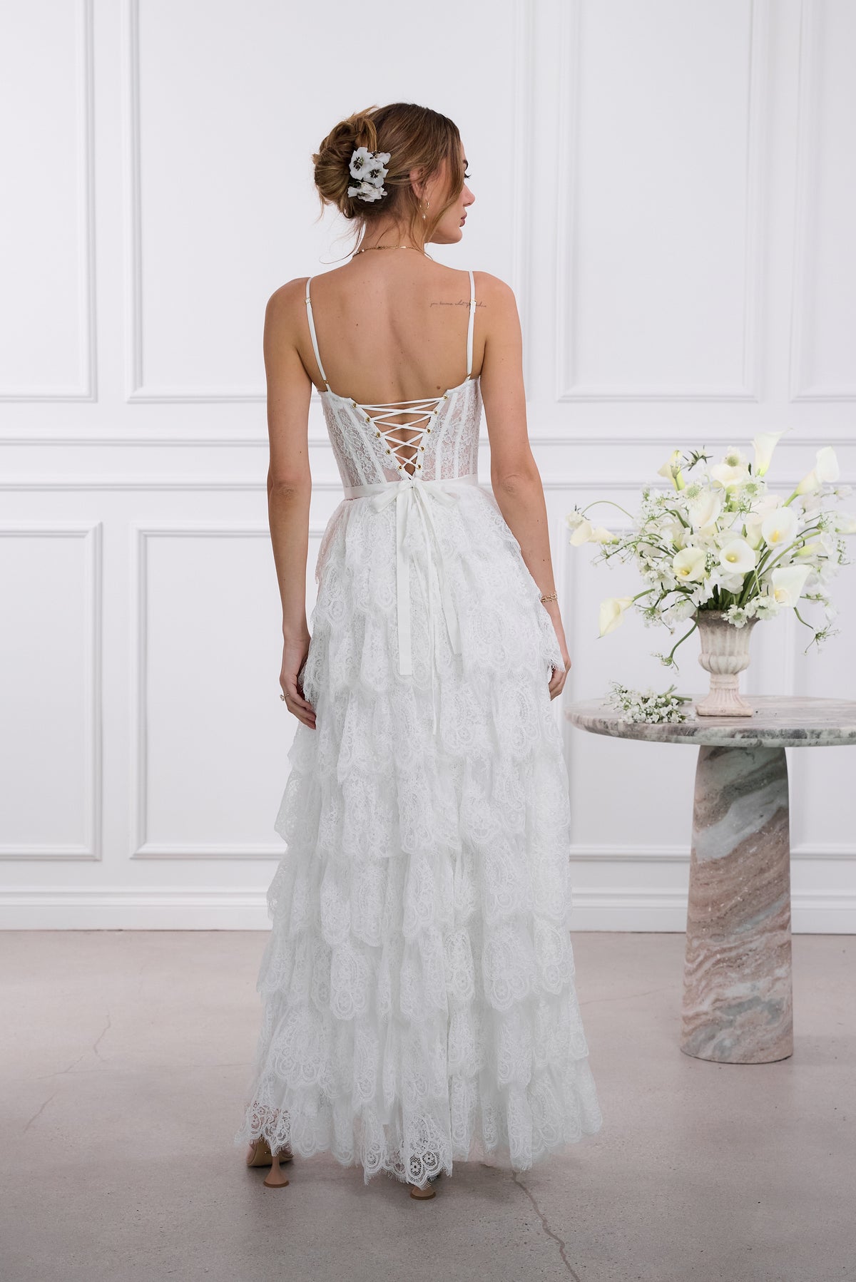 The Juniper Dress in White Chantilly Lace