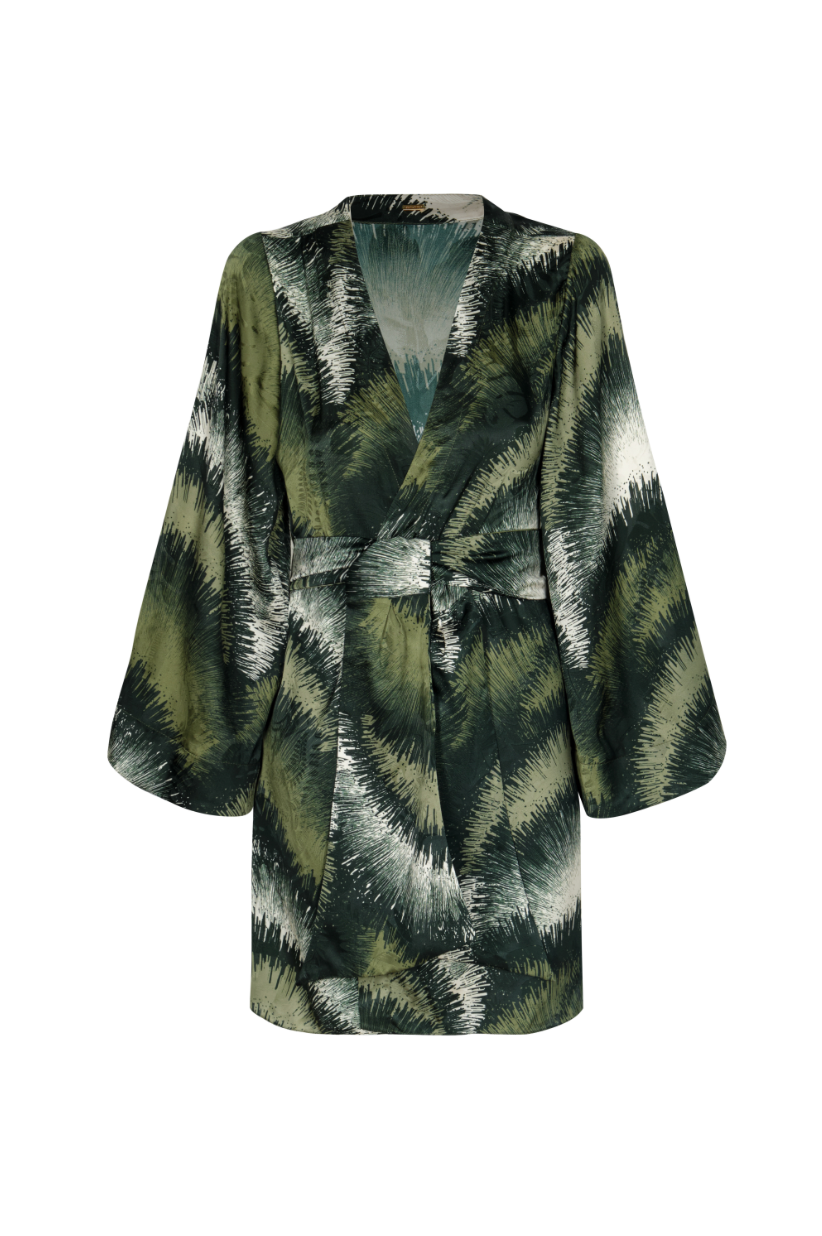 Joaquina Silk Jacquard Mini Caftan in Green Brushed