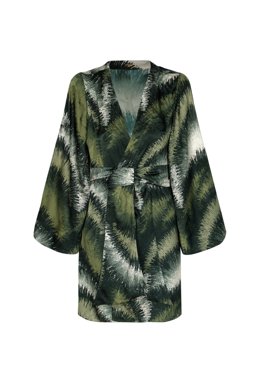 Joaquina Silk Jacquard Mini Caftan in Green Brushed