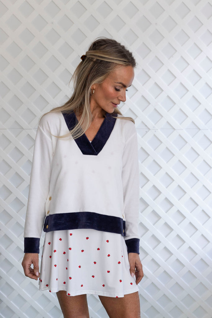 Farrah Pullover in White with Navy Trim