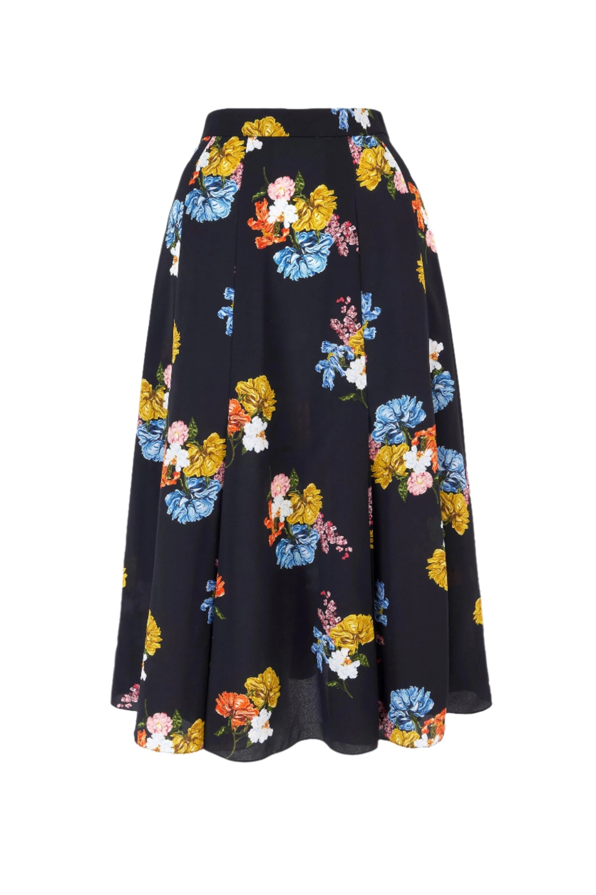 Kenzie Skirt In Retro Bouquet On Black Silk Crepe De Chine