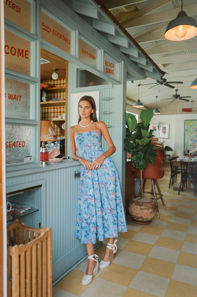 OTM Exclusive: Skinny-Strap Poof Dress in Blue Multi Floral