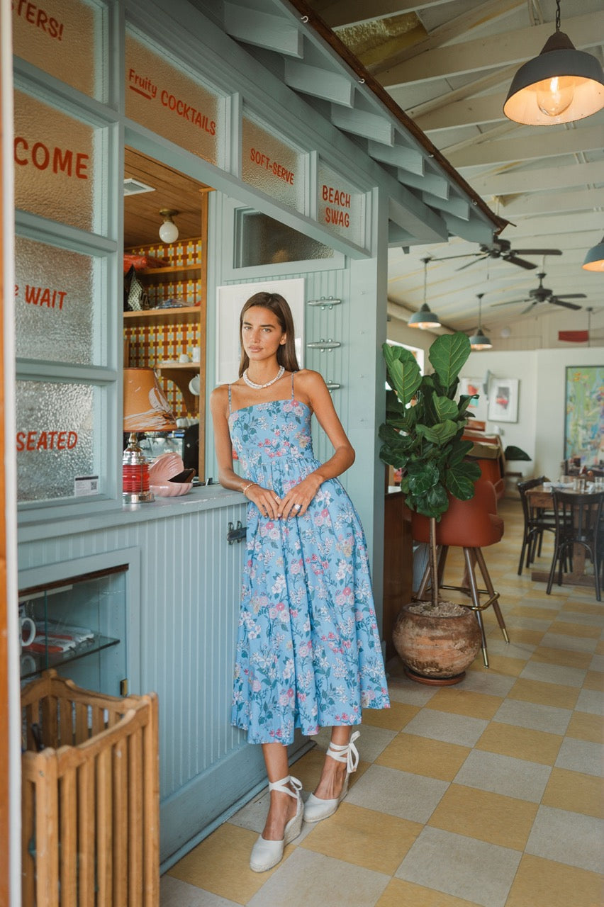 OTM Exclusive: Skinny-Strap Poof Dress in Blue Multi Floral
