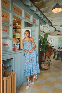 OTM Exclusive: Skinny-Strap Poof Dress in Blue Multi Floral