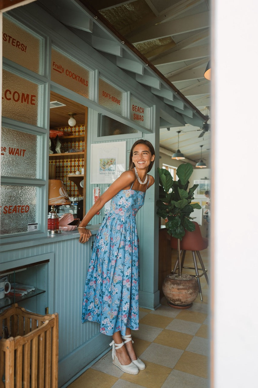 OTM Exclusive: Skinny-Strap Poof Dress in Blue Multi Floral