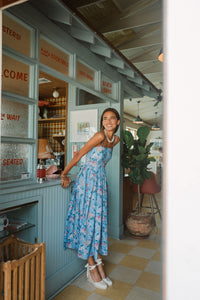 OTM Exclusive: Skinny-Strap Poof Dress in Blue Multi Floral