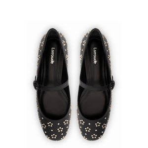 Blair Ballet Flat In Black Leather and Metallic Studs