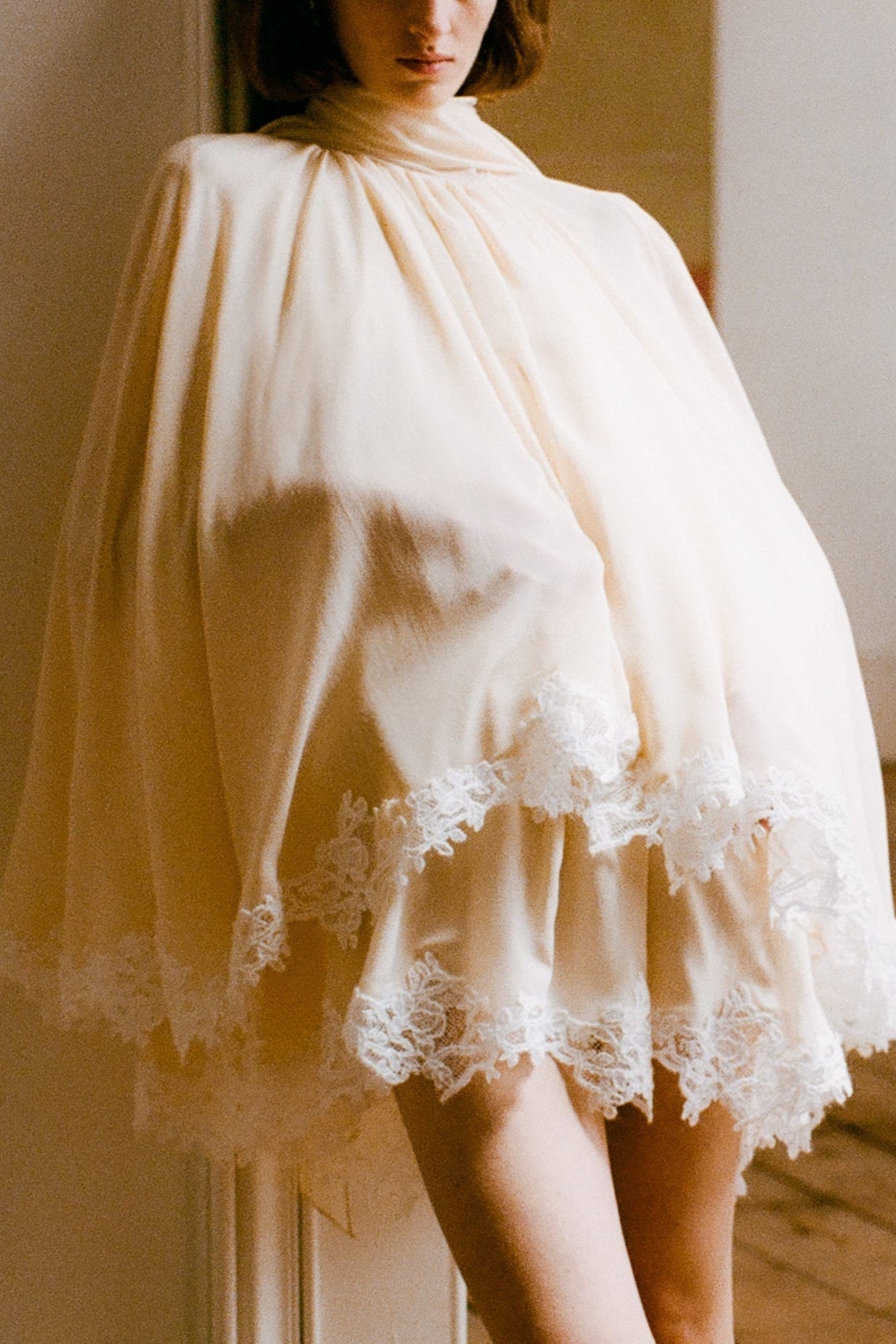 Wylie Scarf Dress in Washed Chiffon with Mohair Lace Trim