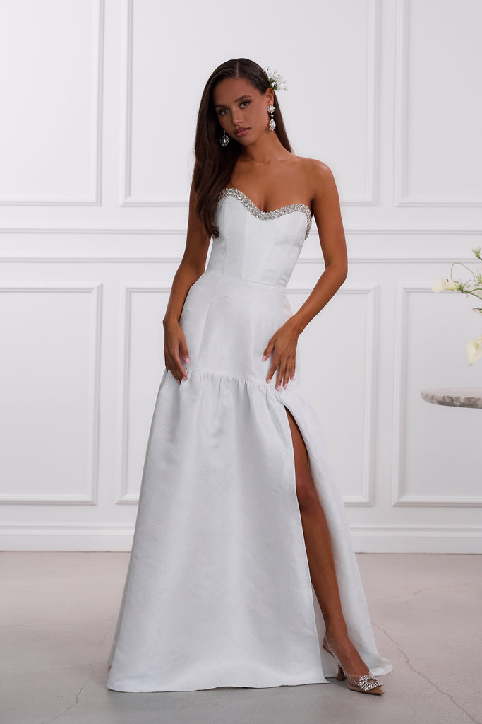 The Linda Dress in White Windsor Brocade