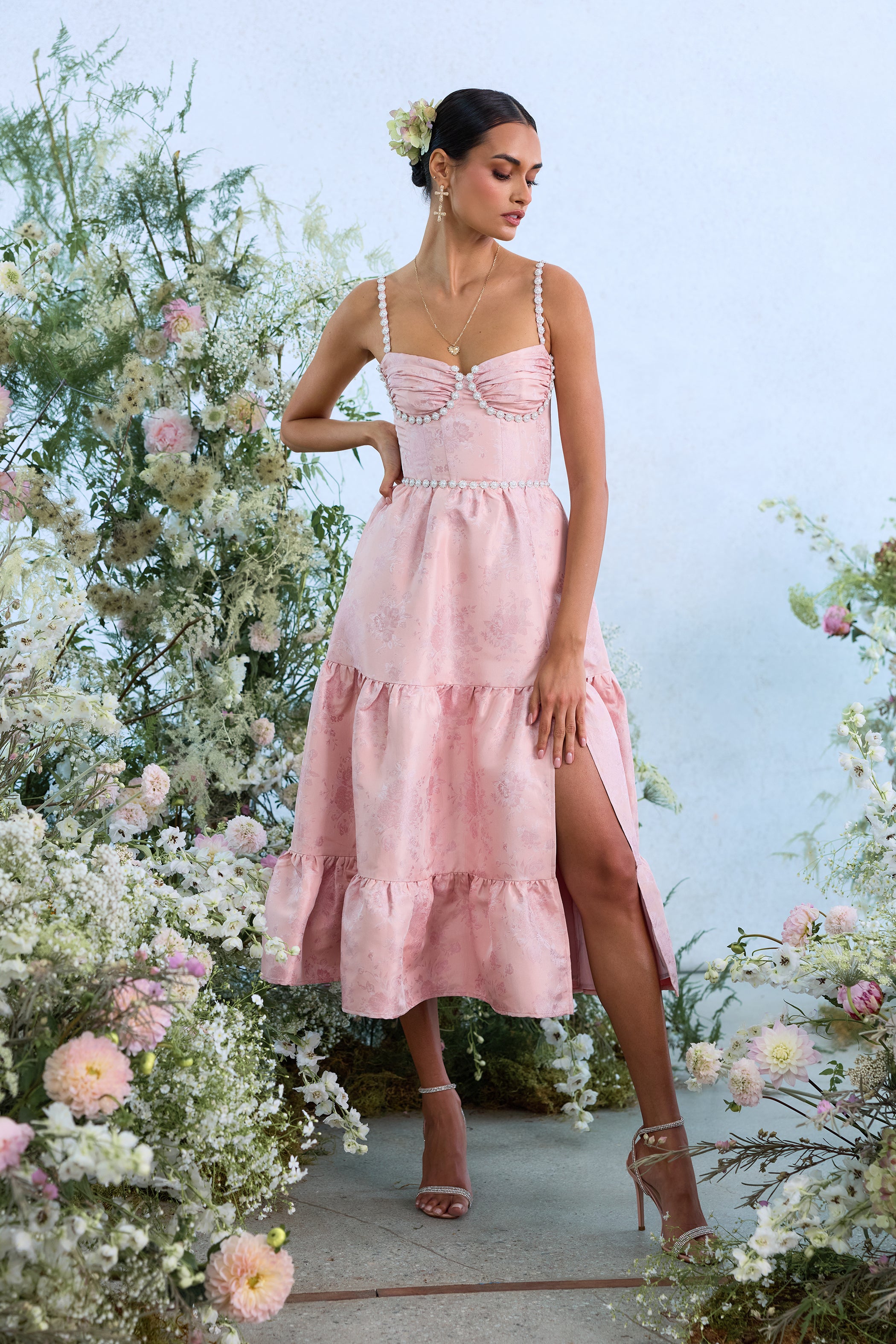 The Lorenza Dress in Light Pink Windsor Brocade