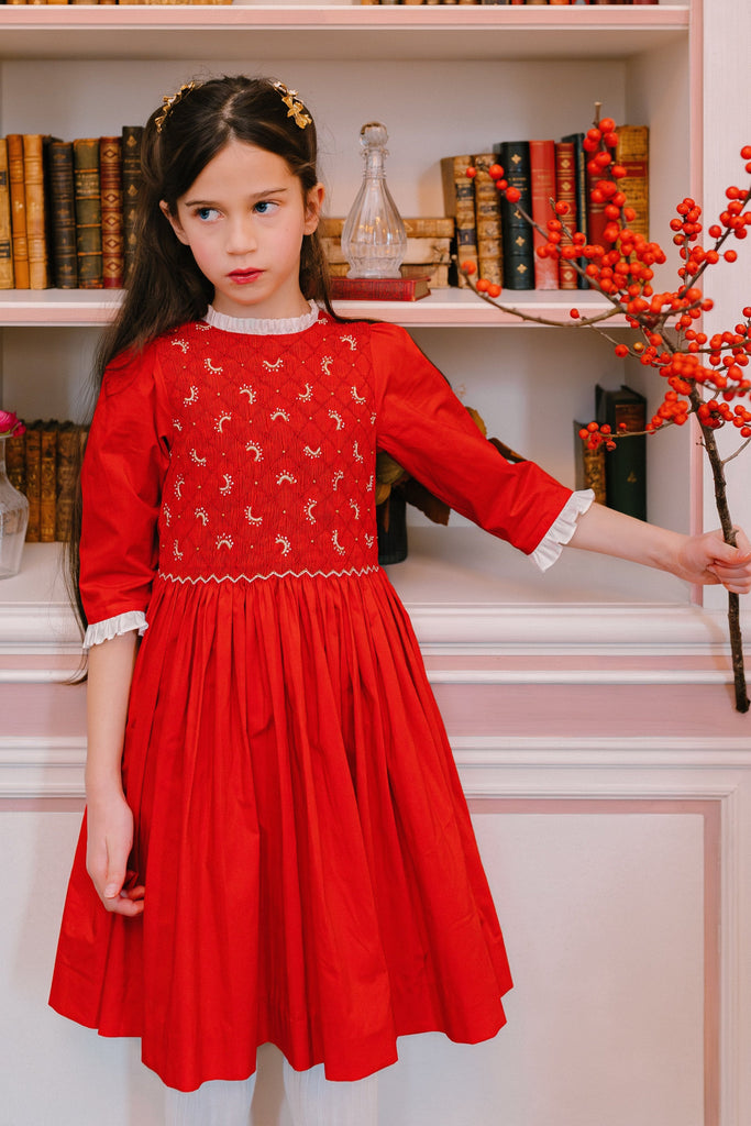 Luna Red Long Sleeve Smocked Dress