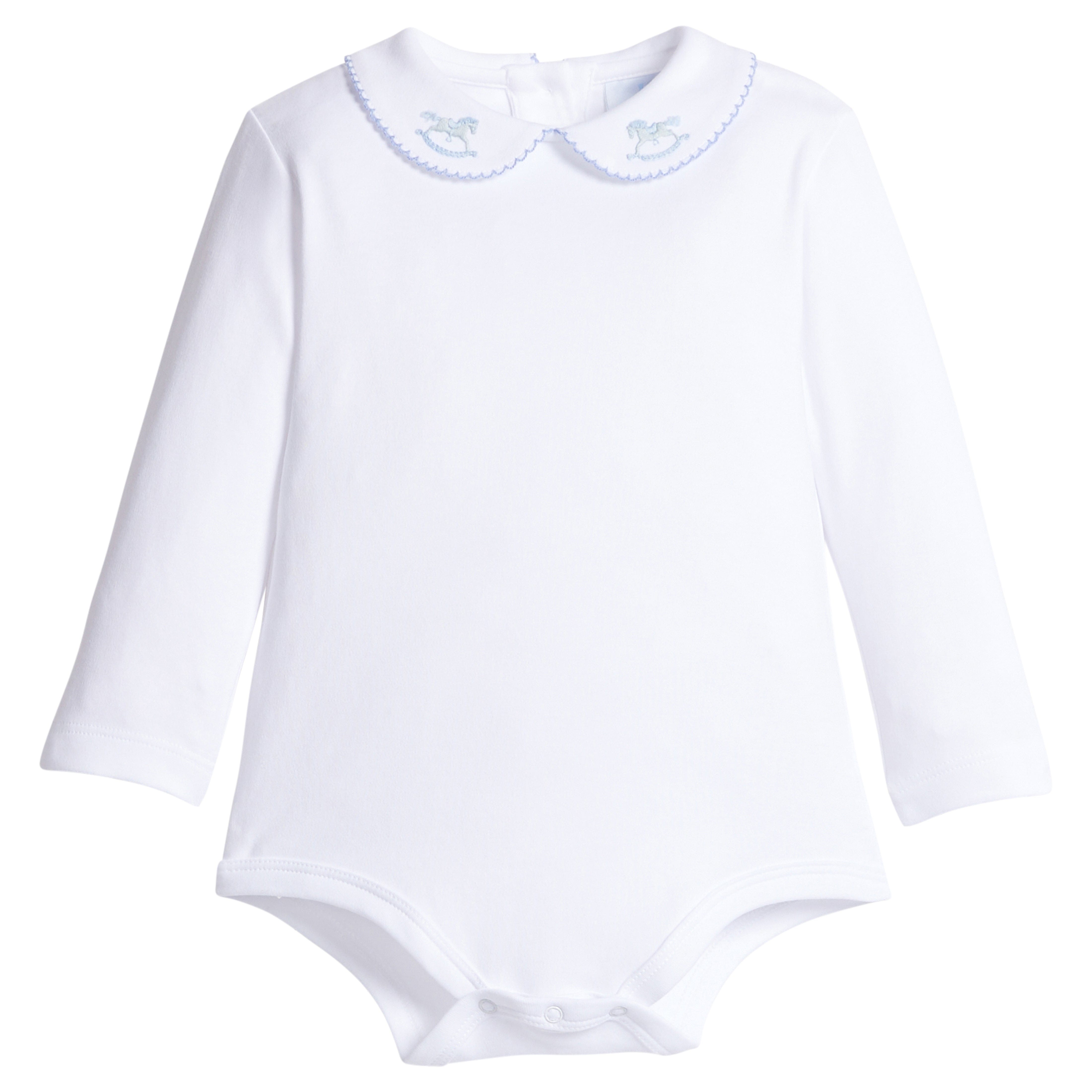 little english classic children's clothing boys white pinpoint onesie with light light blue details and embroidered rocking horse on peter pan collar