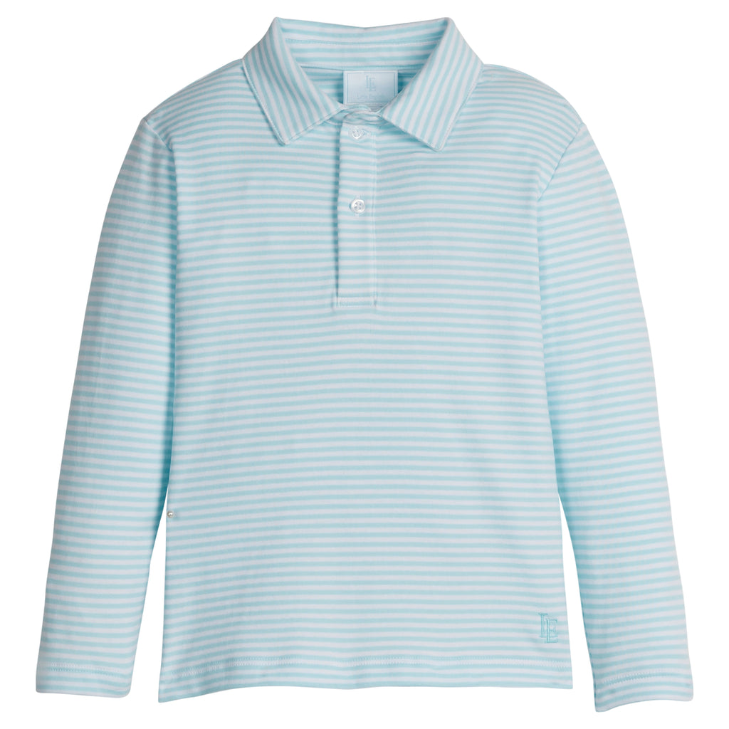 Little English classic children's clothing, boys sky blue and white striped long sleeve polo shirt