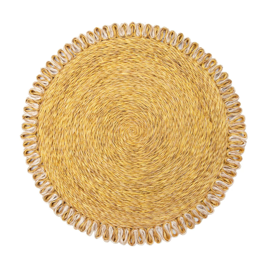 Loopy Abaca 15" Round Placemat in Mustard & Natural, Set of 4