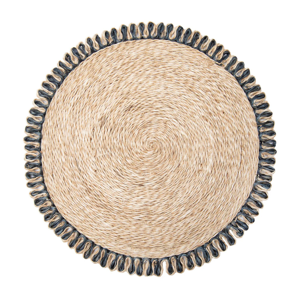 Loopy Abaca 15" Round Placemat in Natural & Navy, Set of 4