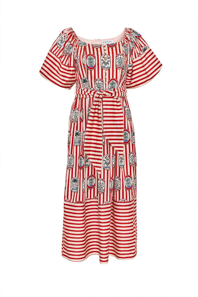 The Lucy midi dress has a square scoop neck, puff sleeves, front button placket, and a self belt.
