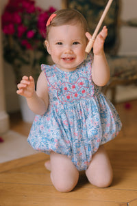 Marguerite Floral Blue Frilled Sleeveless Smocked Romper