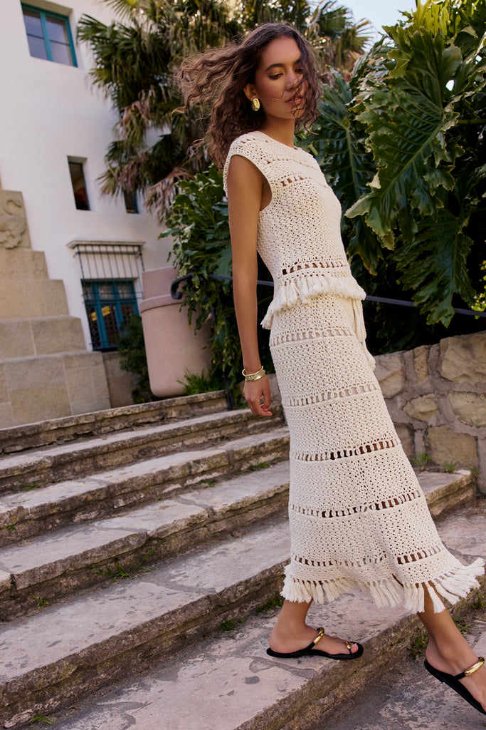 Boho style off white skirt with horizontal openwork stripes and a drawstring waist