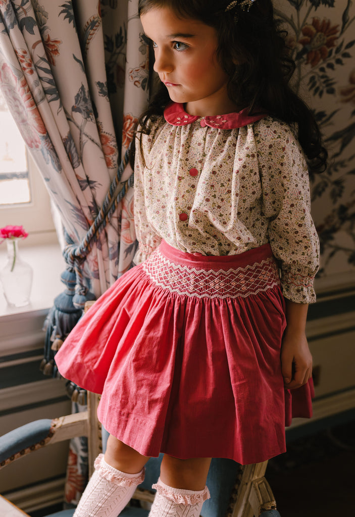 Marie Pink Floral Smocked Skirt & Blouse