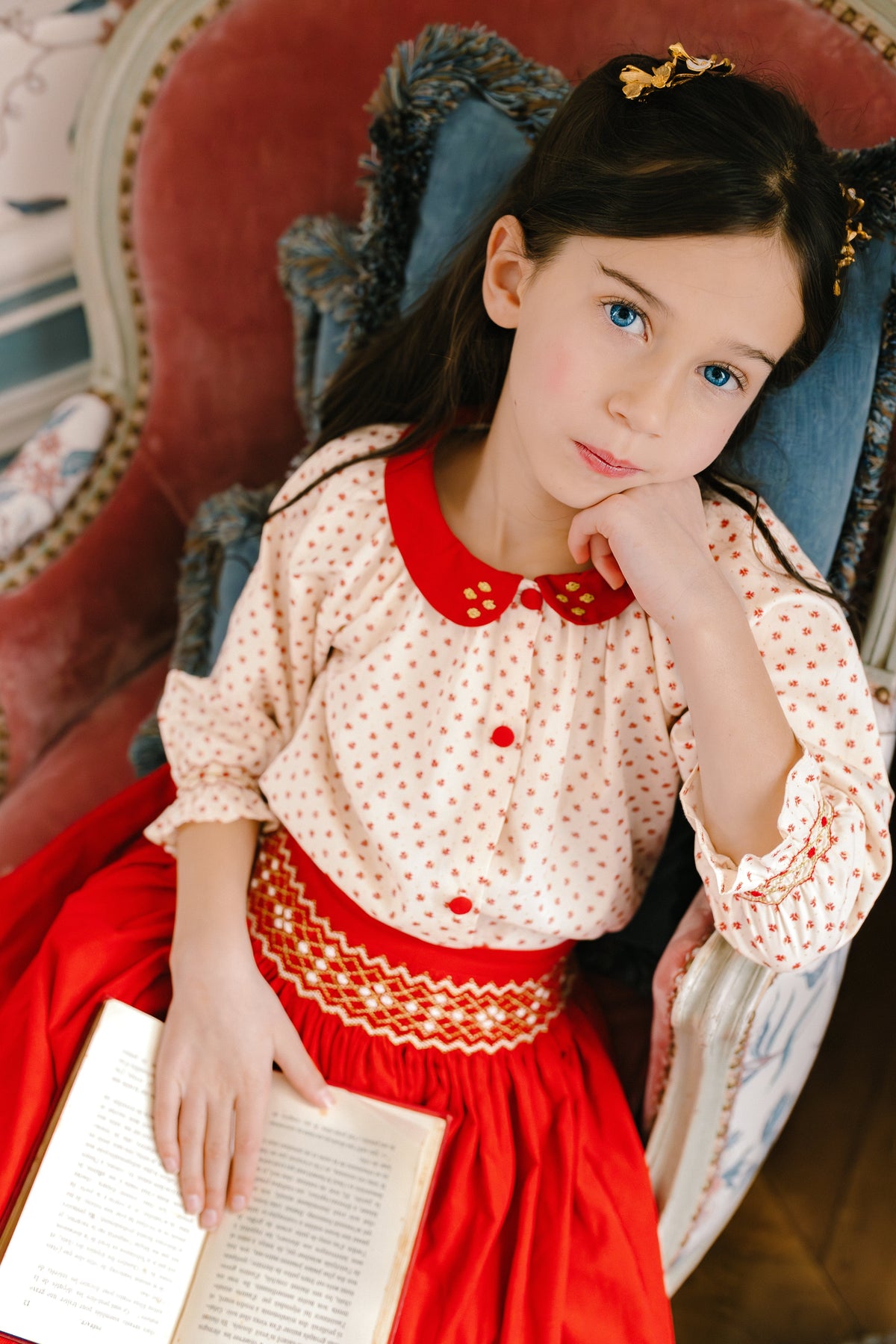 Marie Red Smocked Skirt & Blouse