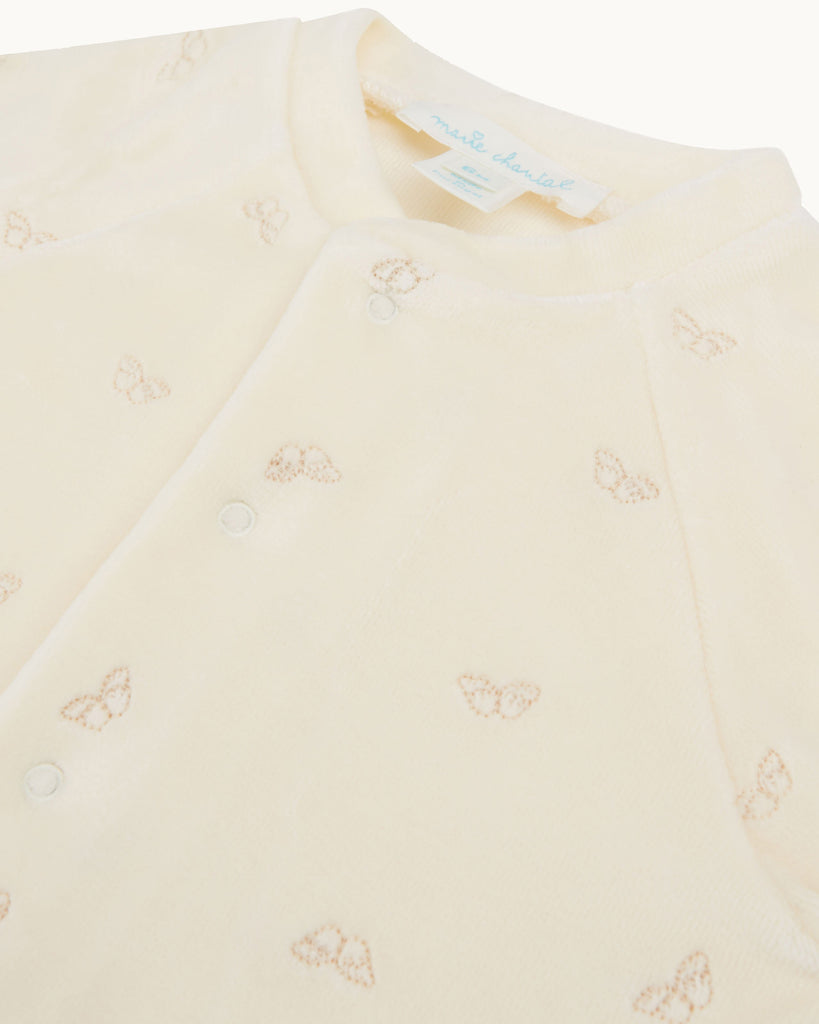 Velour Embroidered Angel Wing Sleepsuit in Cream