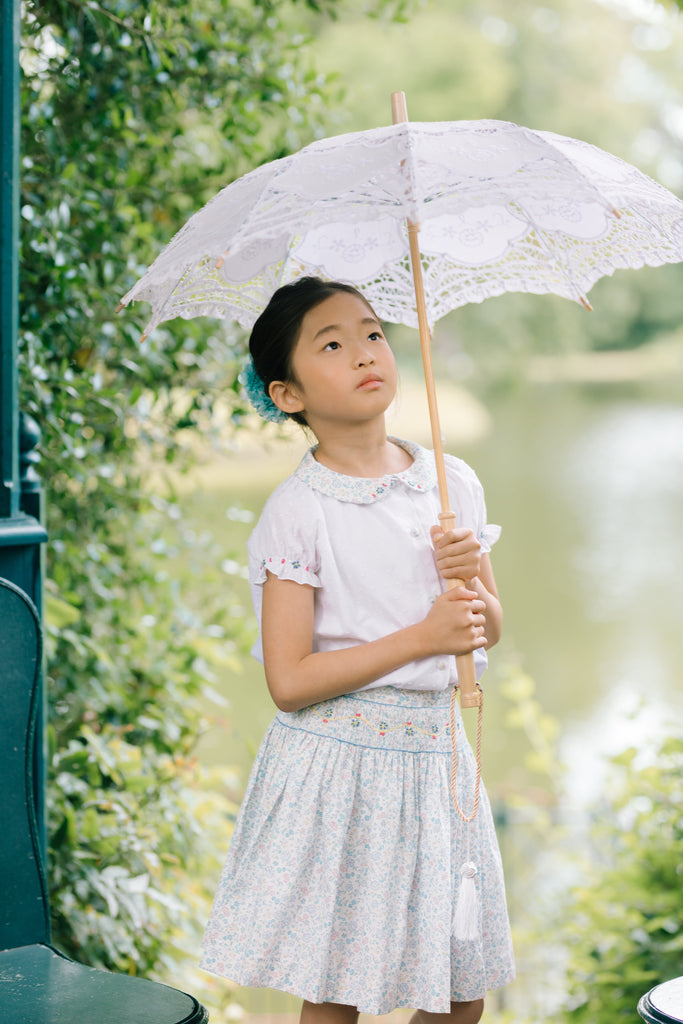 Marie Floral Blue Skirt & Short Sleeve Blouse