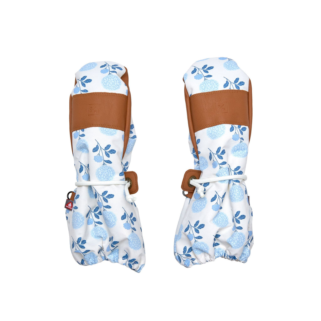 Kids and women's blue floral hydrangea mittens for boys and girls, featuring warm insulation, soft fleece lining, and waterproof exterior, designed for skiing and winter snow sports to keep hands warm in cold weather