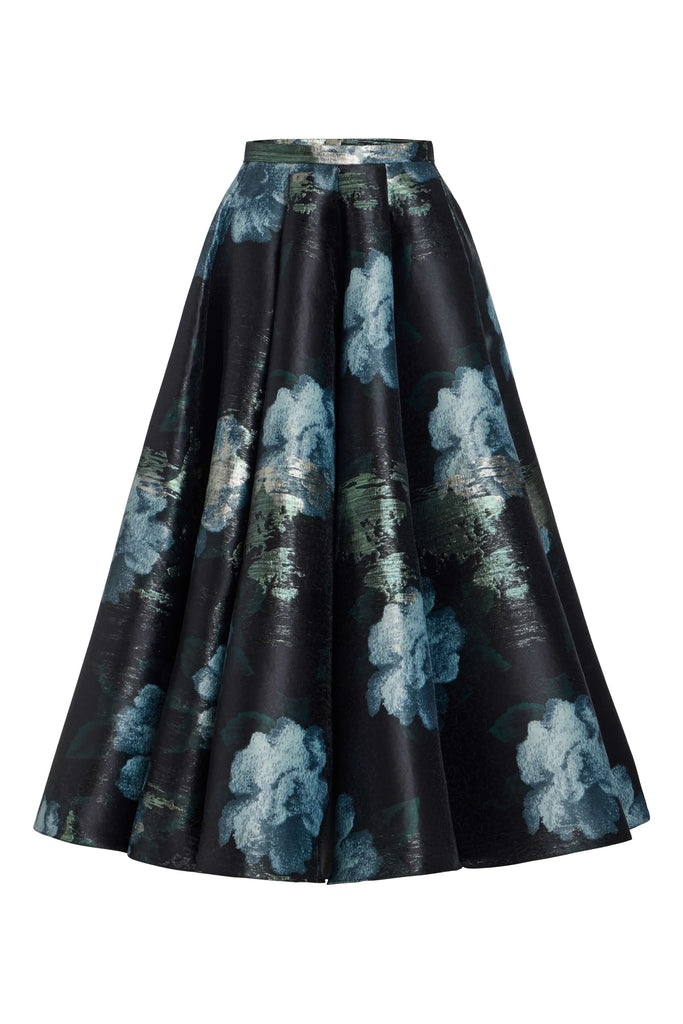 Soleil Metallic Watercolor Floral Brocade Midi Skirt