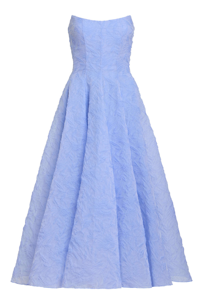 Rousseau Powder Blue Floral Cloque Midi Dress
