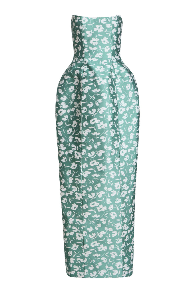 Marianne Green and White Floral Brocade Gown
