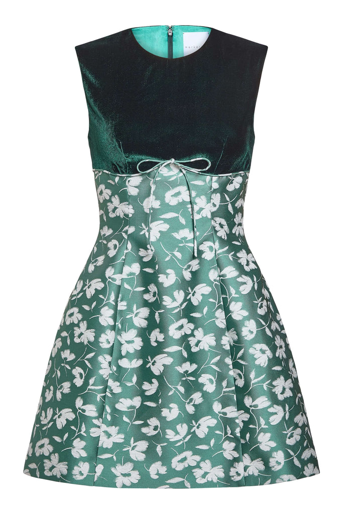 Jolie Green and White Floral Brocade Contrasting Bodice Mini Dress