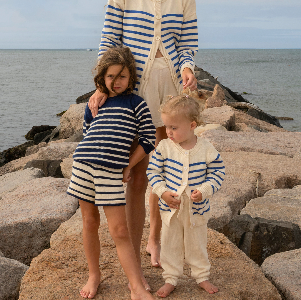 Unisex Cream and Blue Stripe Knit Cardigan