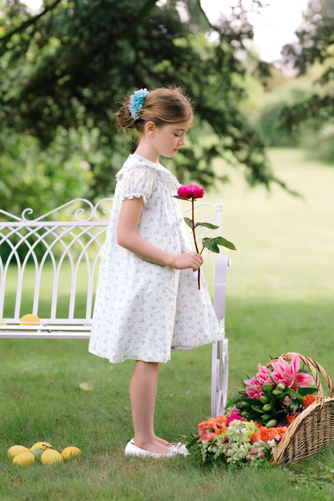 Myrtille Blue Floral Short Sleeve Bishop Dress