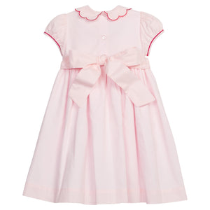 Little English Traditional clothing, Maisie Dress in light pink with wreath stitching on chest and bow in back for little girl, holiday