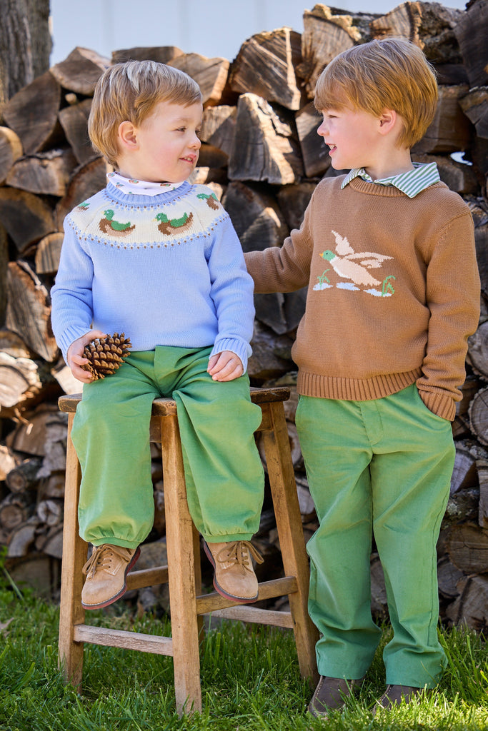 little english classic children's clothing light blue fair isle sweater with mallards along neck, printed turtleneck with mallard pattern, banded pant in watercress corduroy, intarsia sweater with flying mallard motif, long sleeve polo in watercress stripe, pull on pant in watercress corduroy, coordinating boy outfits for fall