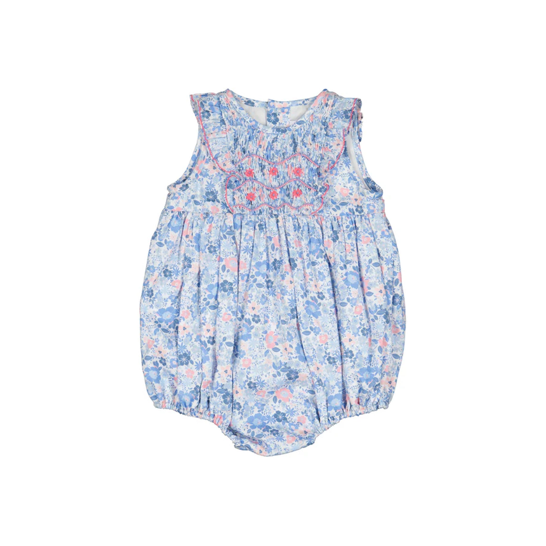 Marguerite Floral Blue Frilled Sleeveless Smocked Romper