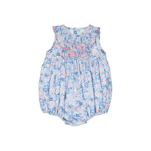 Marguerite Floral Blue Frilled Sleeveless Smocked Romper